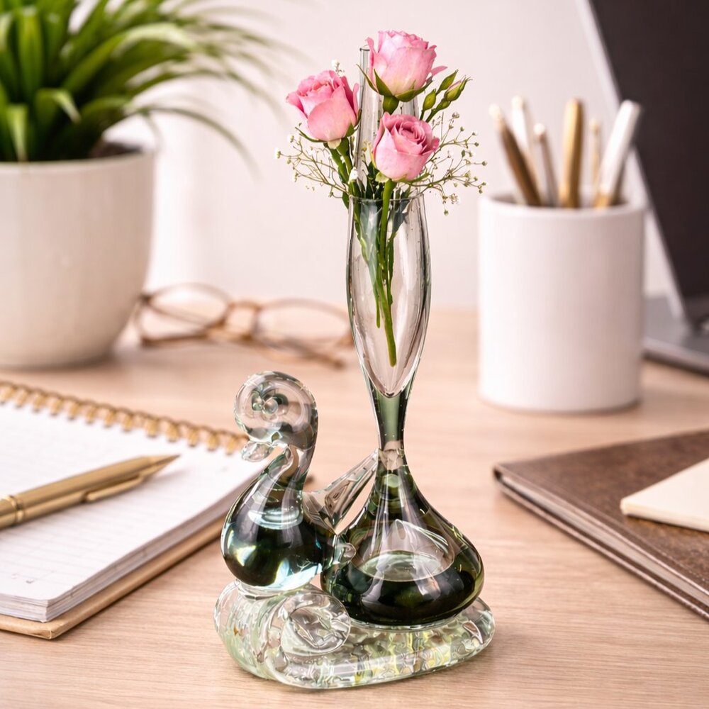 Vintage Swan Vase, Hand Blown Art Glass Mini Vase with Etched Swirl Tulip Stem